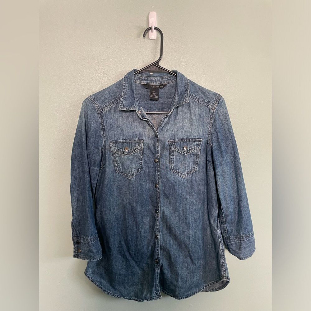 Calvin Klein Jeans 100% Cotton 3/4 Sleeve Denim Button Down Snaps SZ S
